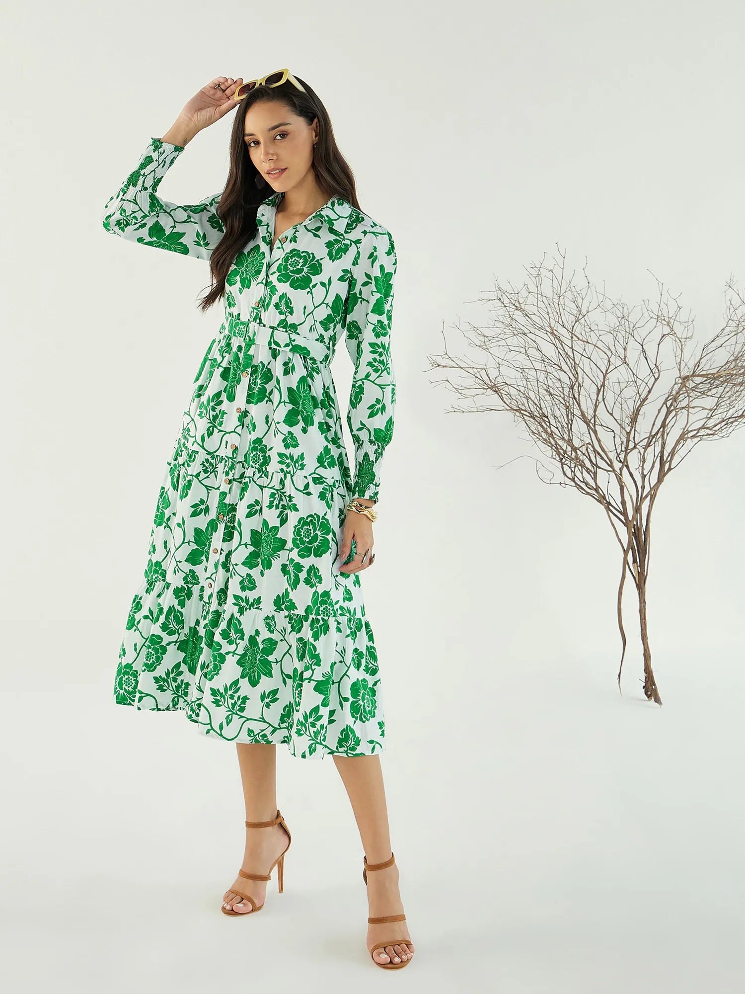 White & Green Floral Women's Midi Dress with Front Buttons