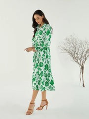 Women White & Green Floral Front Button Midi Dress-SFDRSS12449