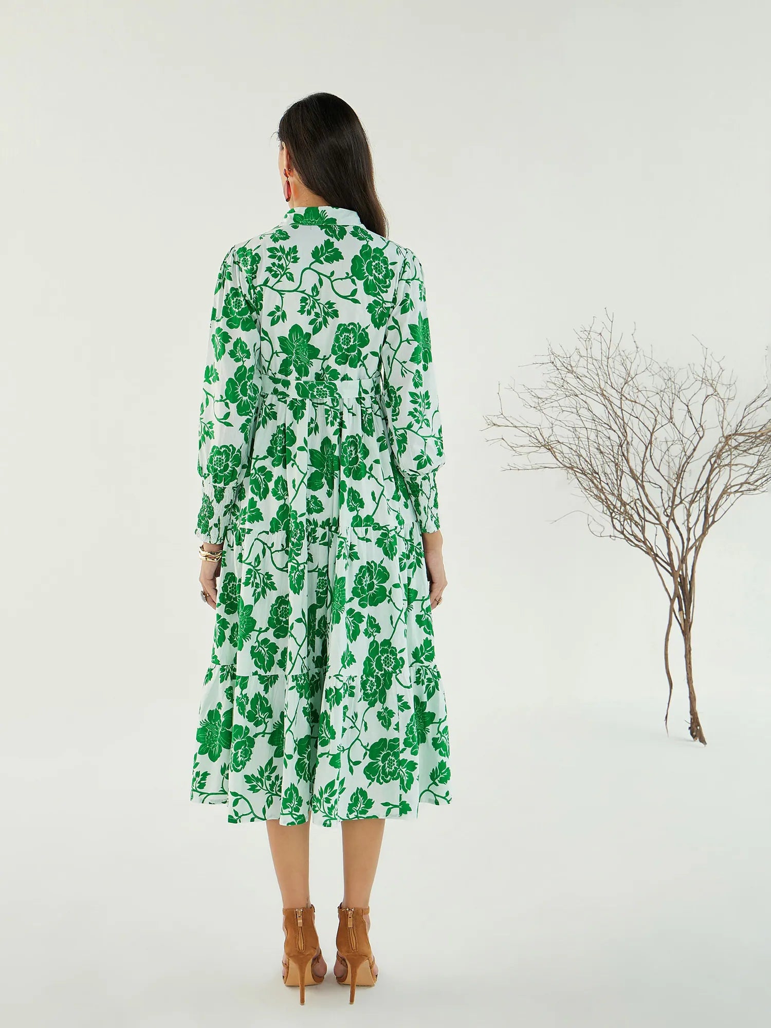 White & Green Floral Women's Midi Dress with Front Buttons