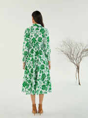 Women White & Green Floral Front Button Midi Dress-SFDRSS12449
