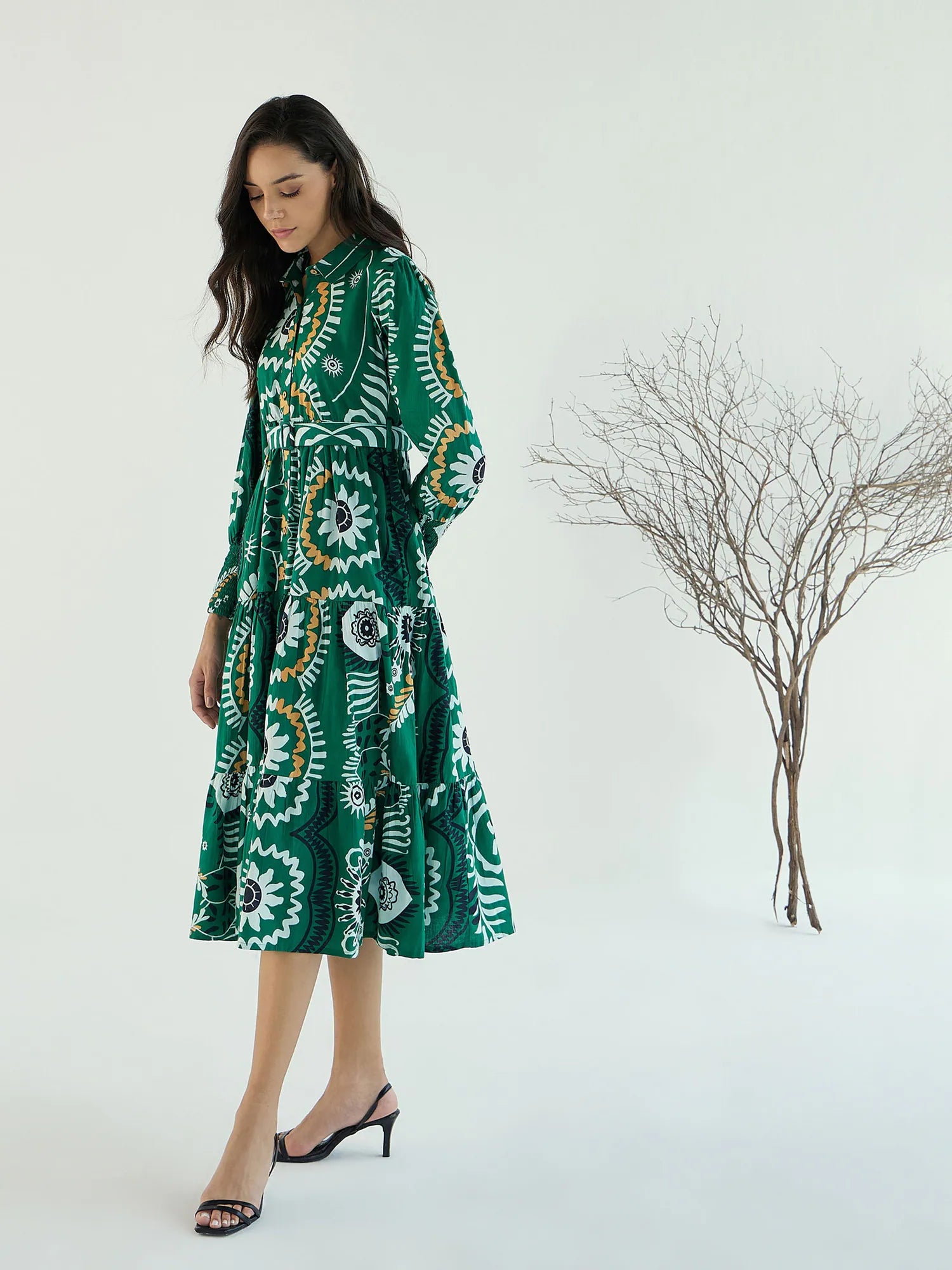 Green Floral Button Front Midi Dress | Women's Cotton Dress