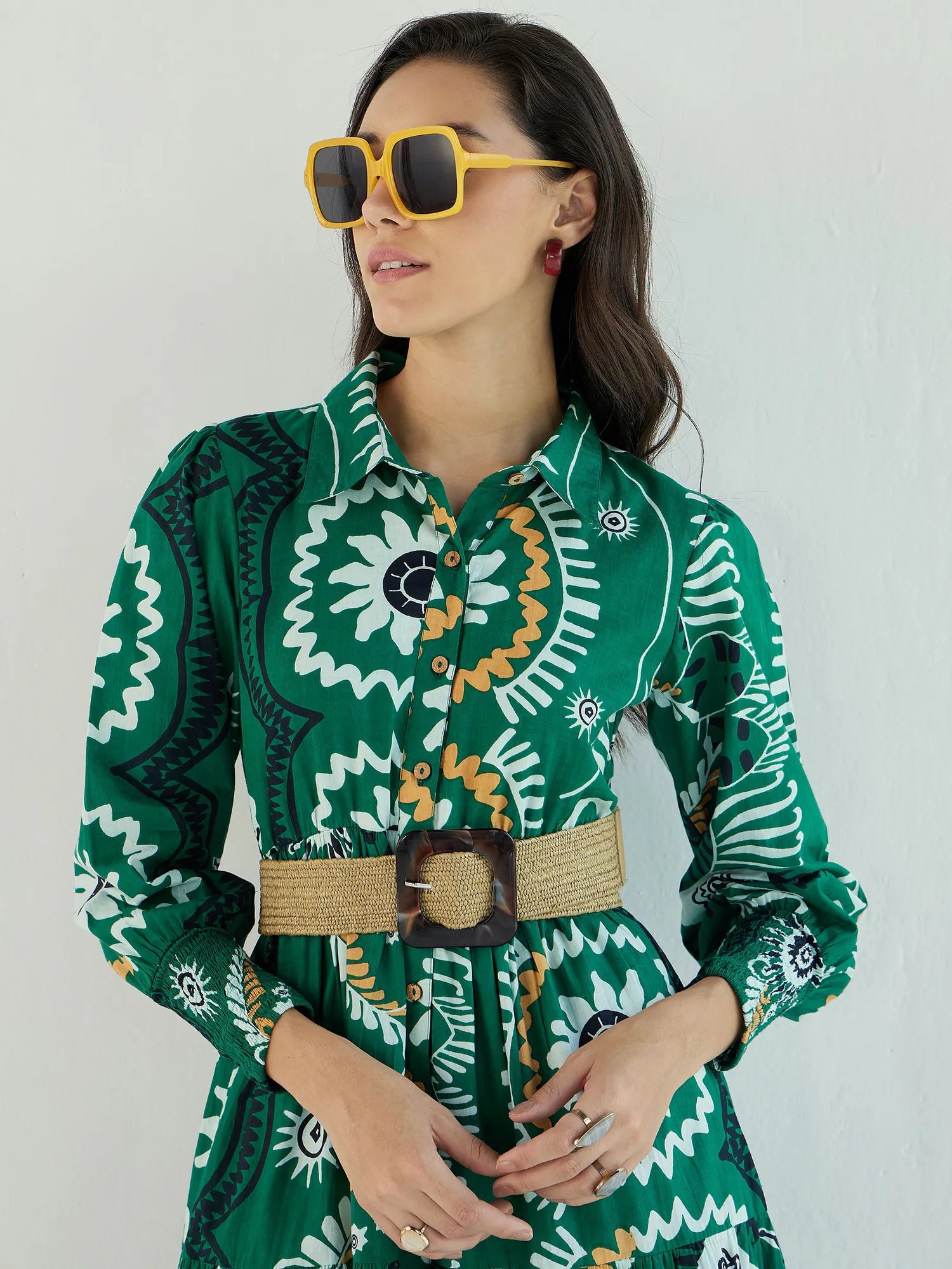 Green Floral Button Front Midi Dress | Women's Cotton Dress