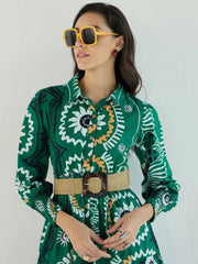 Women Green Floral Front Button Midi Dress-SFDRSS12450