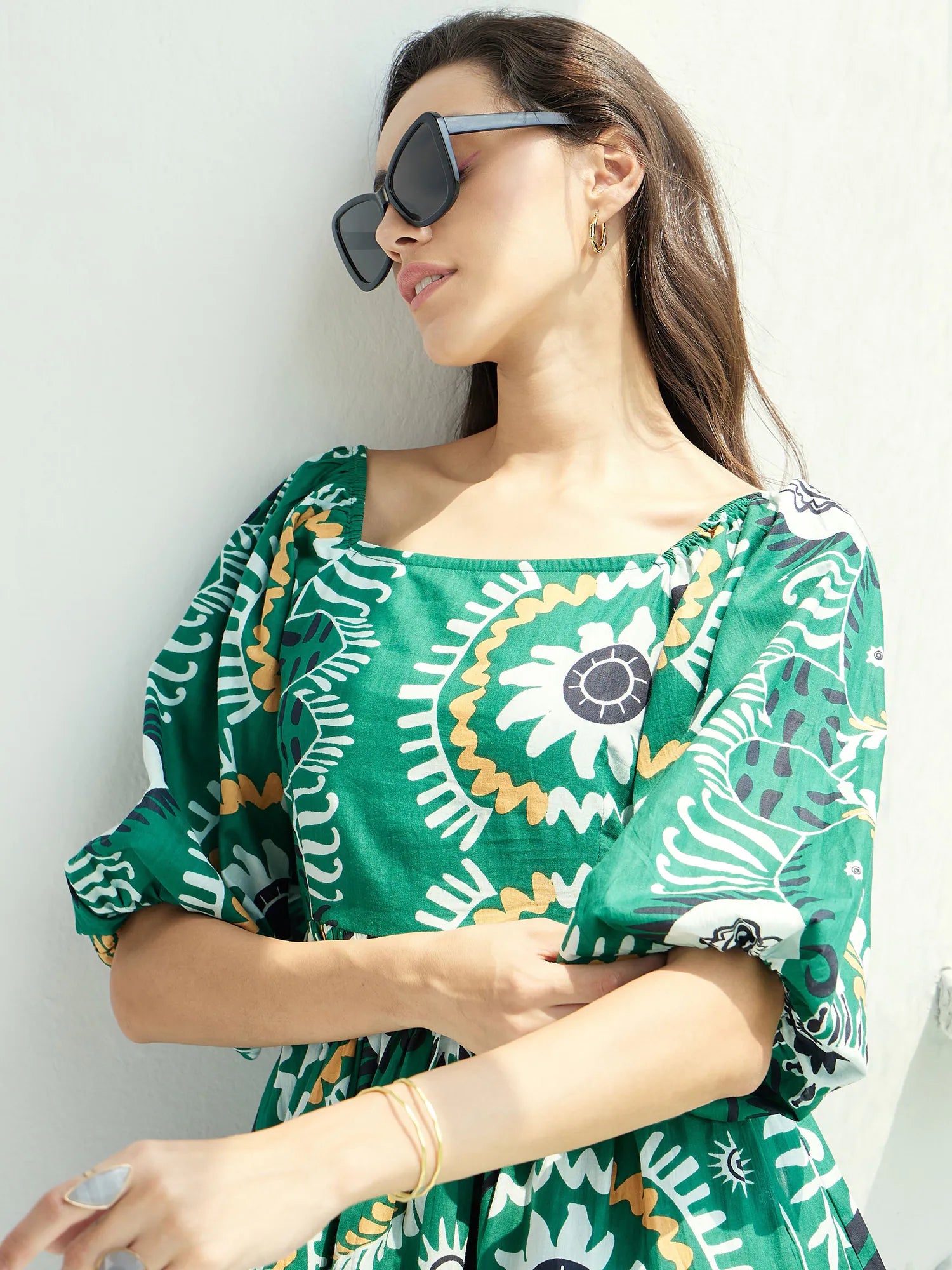 Green Floral Square Neck Short Dress | Women's Cotton Dress