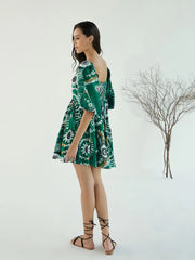 Women Green Floral Square Neck Short Dress-SFDRSS12451