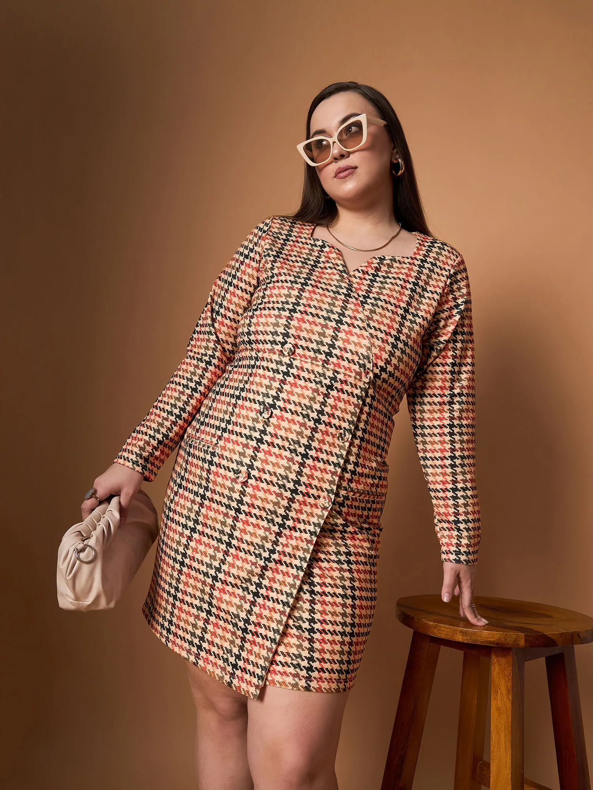 Women Peach Multi Houndstooth Blazer Dress-SFDRSS12452