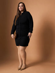Women Black Front Button Ruched Dress-SFDRSS12454