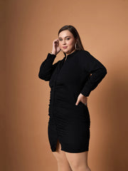Women Black Front Button Ruched Dress-SFDRSS12454