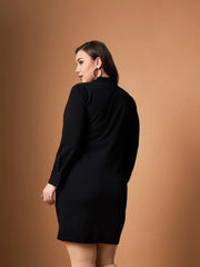 Women Black Front Button Ruched Dress-SFDRSS12454