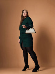 Women Emerald Green Front Button Ruched Dress-SFDRSS12455