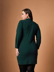 Women Emerald Green Front Button Ruched Dress-SFDRSS12455