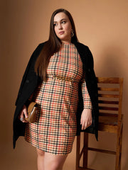 Women Peach Multi Houndstooth Belted Dress-SFDRSS12458