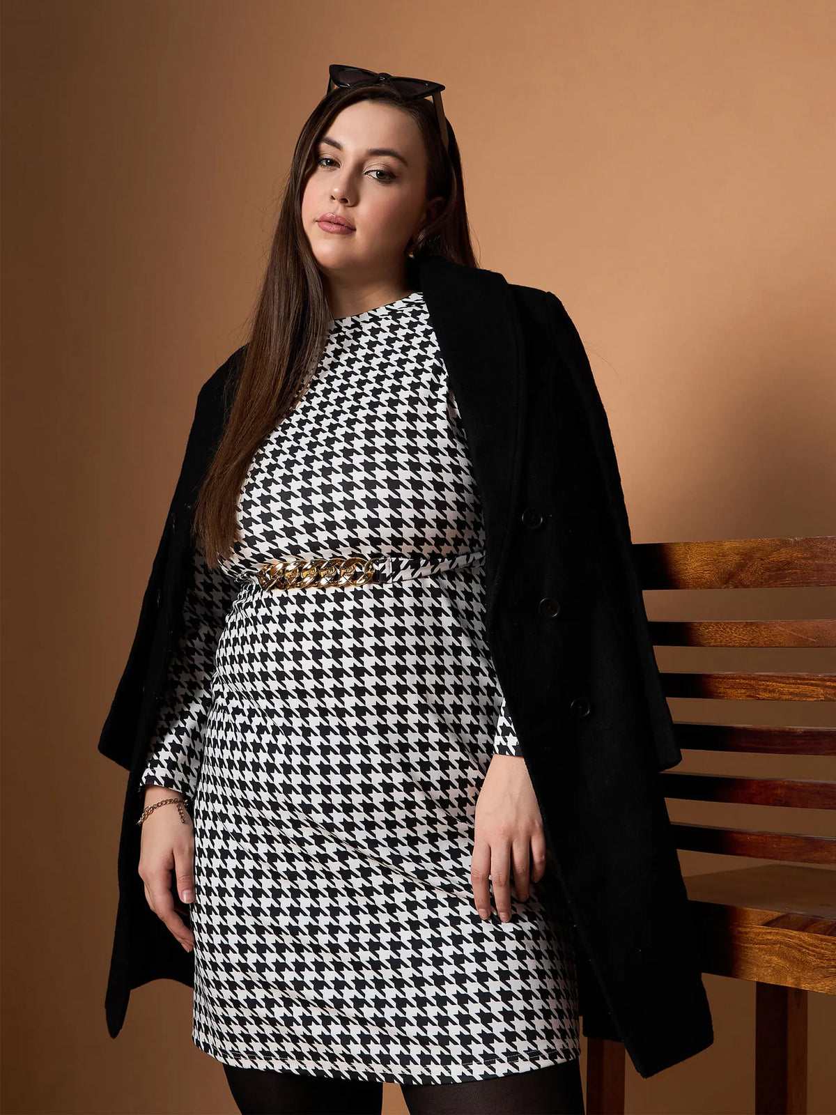 Women Black & White Houndstooth Belted Dress-SFDRSS12459