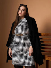 Women Black & White Houndstooth Belted Dress-SFDRSS12459