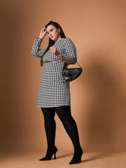 Women Black & White Houndstooth Belted Dress-SFDRSS12459