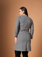 Women Black & White Houndstooth Belted Dress-SFDRSS12459