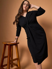 Women Black Glitter Side Knot Midi Dress-SFDRSS12465