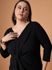 Women Black Glitter Side Knot Midi Dress-SFDRSS12465