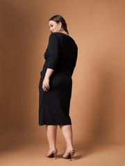Women Black Glitter Side Knot Midi Dress-SFDRSS12465