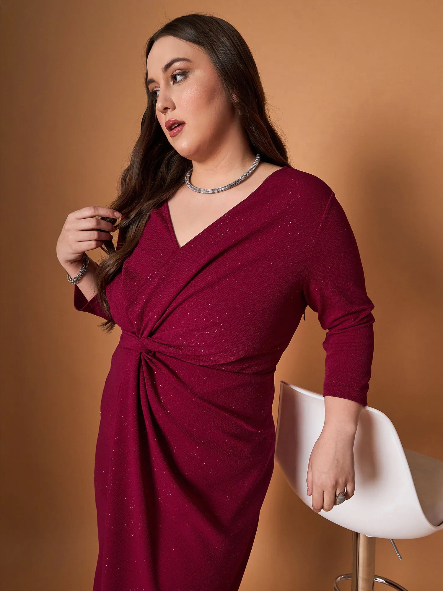 Maroon Glitter Knot Midi Dress | Women's Designer Dresses