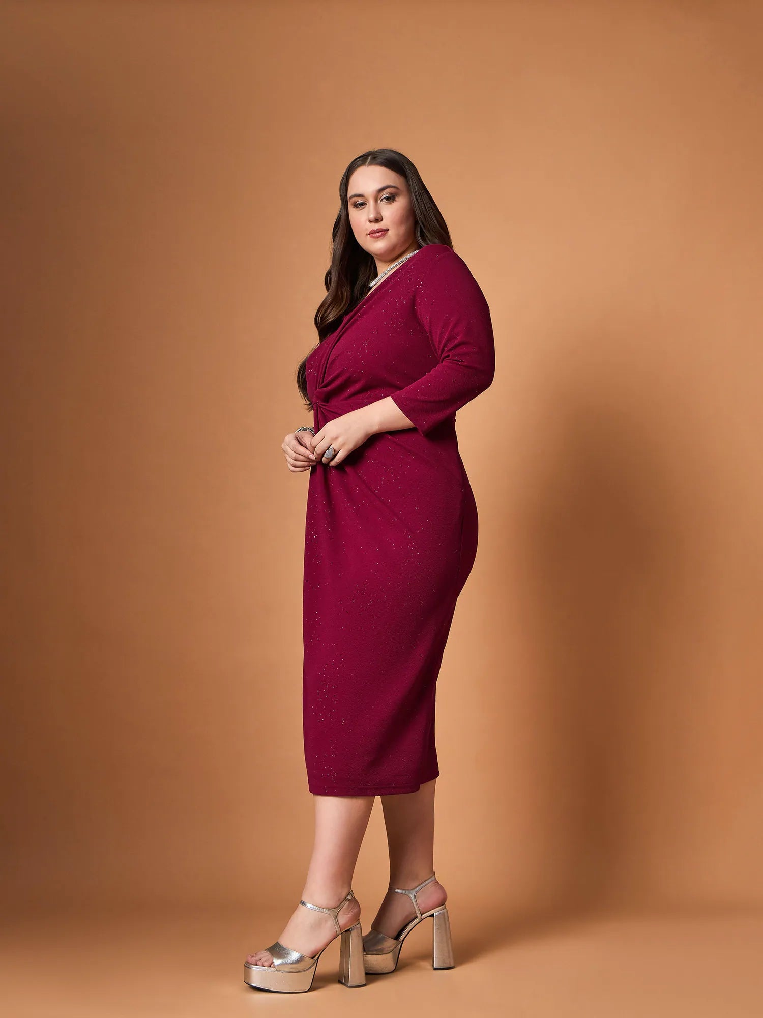 Maroon Glitter Knot Midi Dress | Women's Designer Dresses
