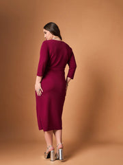 Women Maroon Glitter Side Knot Midi Dress-SFDRSS12466
