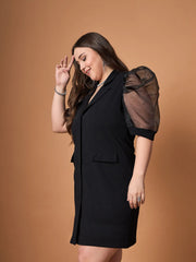 Women Black Glitter Organza Sleeves Blazer Dress-SFDRSS12467