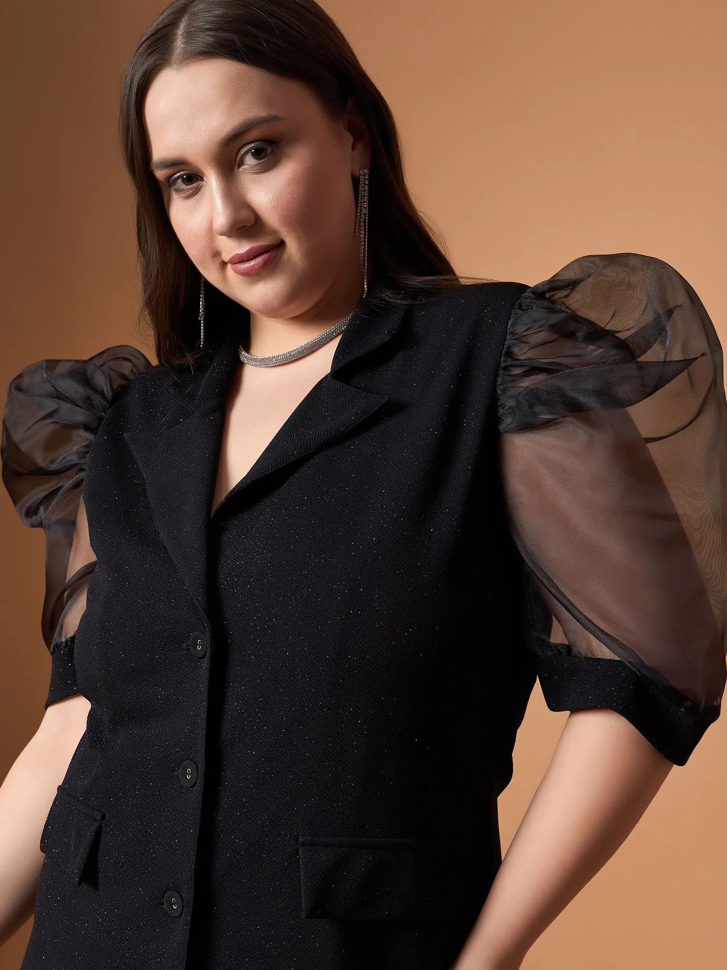 Black Glitter Organza Sleeve Blazer Dress | Party Wear