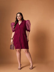 Women Maroon Glitter Organza Sleeves Blazer Dress-SFDRSS12468