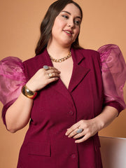 Women Maroon Glitter Organza Sleeves Blazer Dress-SFDRSS12468