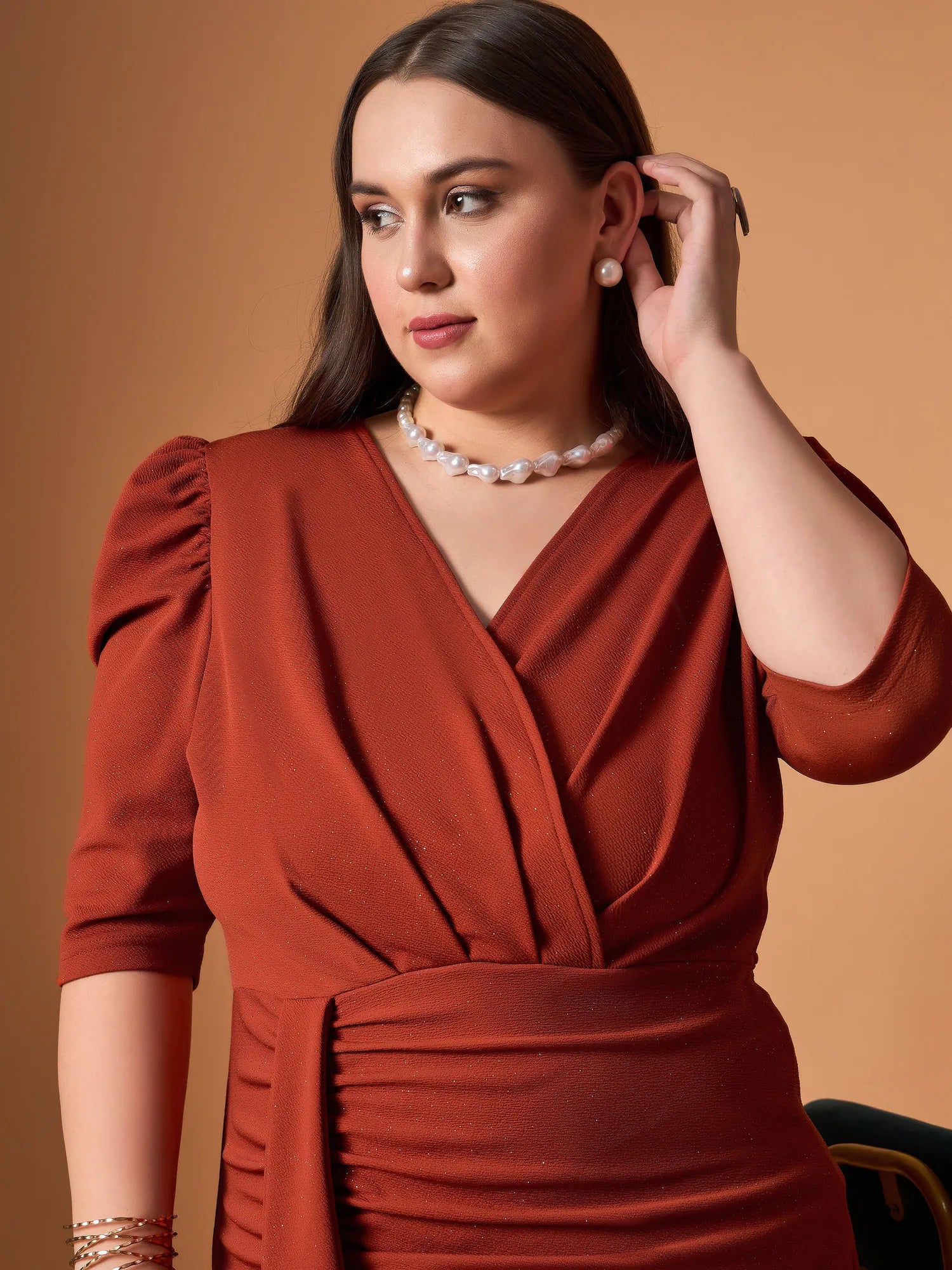 Rust Glitter Ruched Midi Dress | Party Wear, Women's Dress