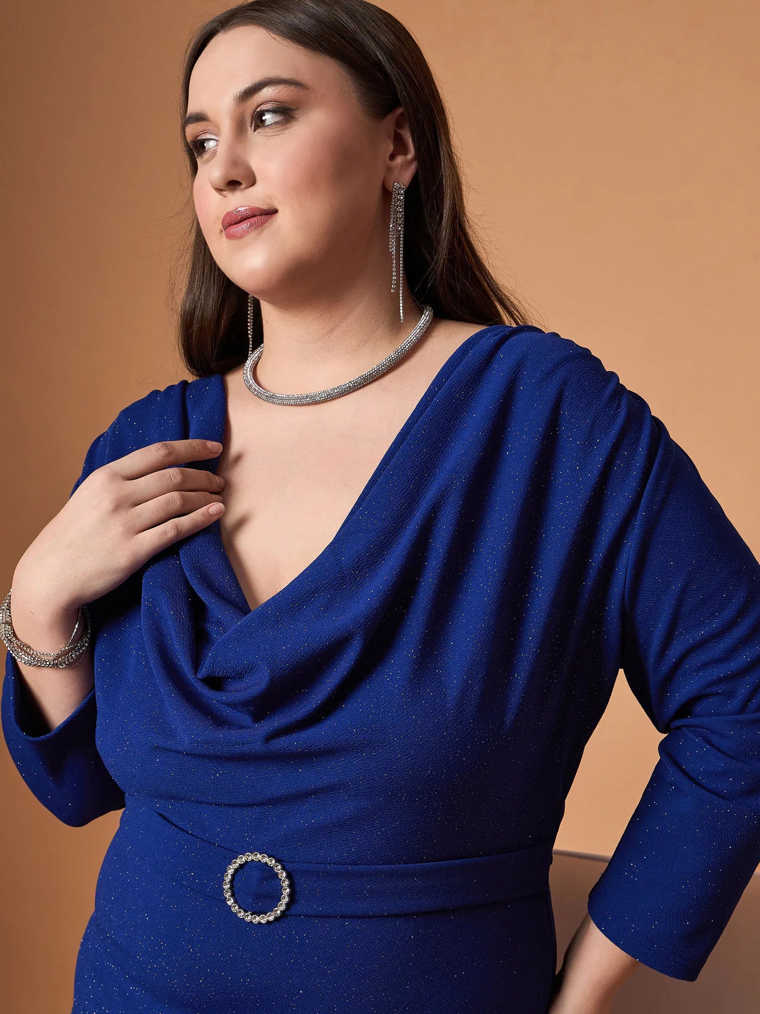Royal Blue Glitter Shawl Neck Dress | Women's Western Wear