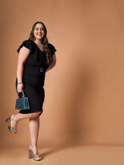 Women Black Glitter Front Ruffle Detail Midi Dress-SFDRSS12477