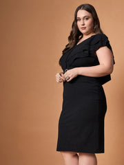 Women Black Glitter Front Ruffle Detail Midi Dress-SFDRSS12477