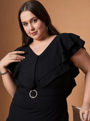 Women Black Glitter Front Ruffle Detail Midi Dress-SFDRSS12477