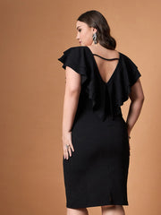 Women Black Glitter Front Ruffle Detail Midi Dress-SFDRSS12477