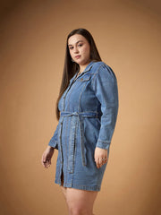 Women Blue Blast Denim Front Button Shirt Dress-SFDRSS12479