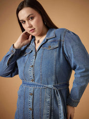 Women Blue Blast Denim Front Button Shirt Dress-SFDRSS12479