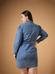 Women Blue Blast Denim Front Button Shirt Dress-SFDRSS12479
