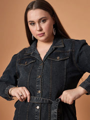 Women Black Blast Denim Front Button Shirt Dress-SFDRSS12478