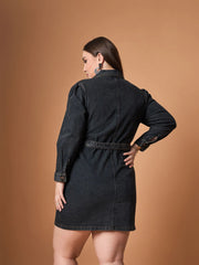 Women Black Blast Denim Front Button Shirt Dress-SFDRSS12478