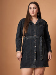 Women Black Blast Denim Front Button Shirt Dress-SFDRSS12478