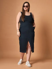 Women Black Blast Denim Front Slit Midi Dress-SFDRSS12480