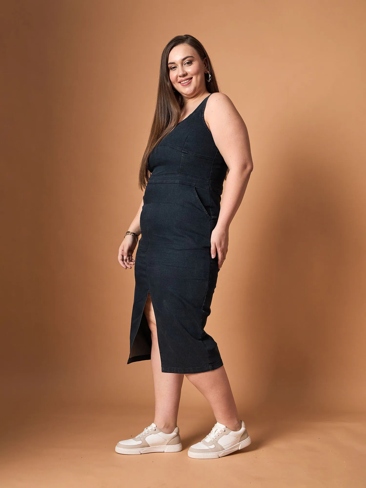 Black Denim Slit Midi Dress | Casual Women's Lehenga for Women
