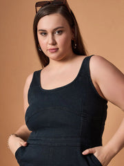 Women Black Blast Denim Front Slit Midi Dress-SFDRSS12480