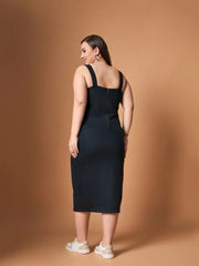 Women Black Blast Denim Front Slit Midi Dress-SFDRSS12480