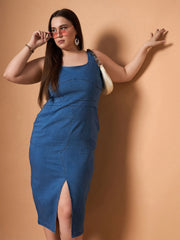 Women Blue Blast Denim Front Slit Midi Dress-SFDRSS12481