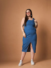 Women Blue Blast Denim Front Slit Midi Dress-SFDRSS12481