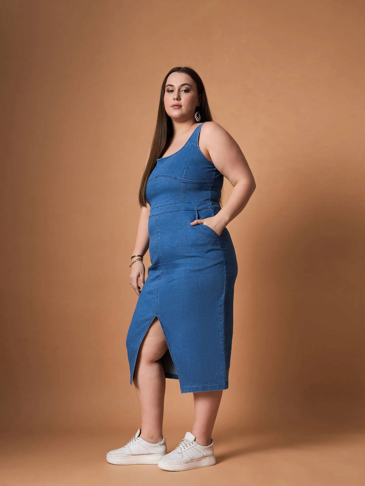 Blue Denim Front Slit Midi Dress - Women's Ethnic Lehenga