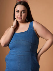 Women Blue Blast Denim Front Slit Midi Dress-SFDRSS12481
